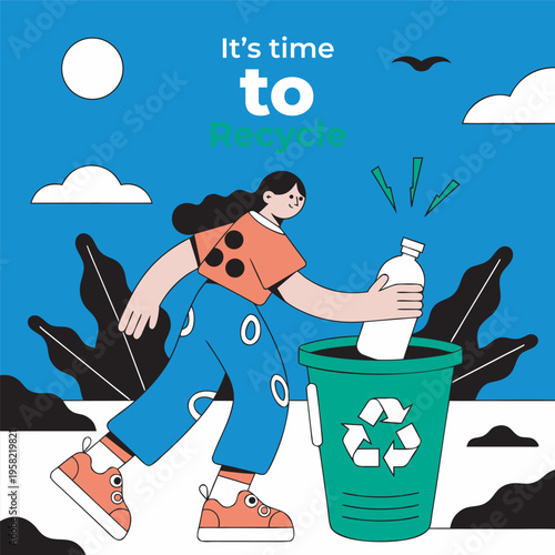 It’s time to recycle concept with woman putting plastic bottle into recycling bin vector illustration