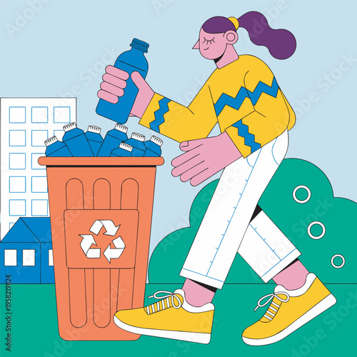 Woman recycling plastic bottles in city environment eco friendly lifestyle vector illustration