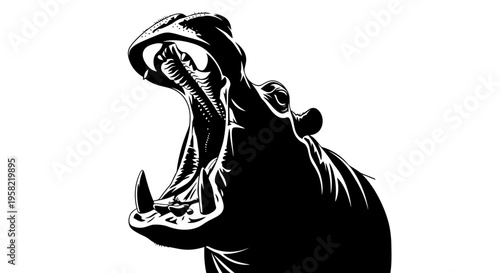 A black and white illustration of a hippopotamus with its mouth open
