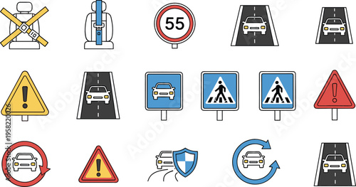 Modern traffic signs and road safety vector icon set including speed limit, pedestrian crossing, warning symbols, car lanes and driving regulation illustrations