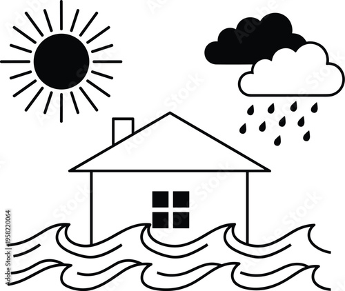 Flood disaster illustration with house submerged, rain cloud, sun rays, water waves, natural disaster concept artwork, environmental awareness design, safety preparedness inspiration