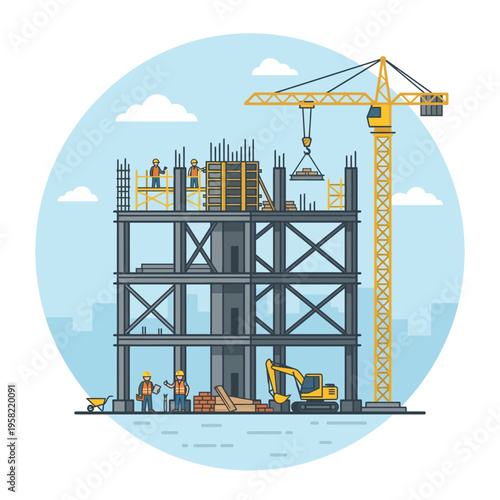 Construction building framework icon, unfinished building structure, flat vector illustration, architectural construction symbol
