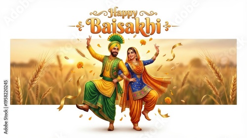Festive Baisakhi celebration with a Sikh couple dancing in traditional Punjabi attire amidst golden wheat fields and falling confetti