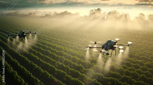 High-resolution stock video of smart agriculture, autonomous drones spraying water perfectly aligned crop rows, sunlight filtering morning mist, soil leaves detailed natural textures, soft focus