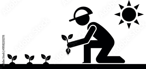 Gardener planting a sprout under a bright sun for growth and nurturing new life.