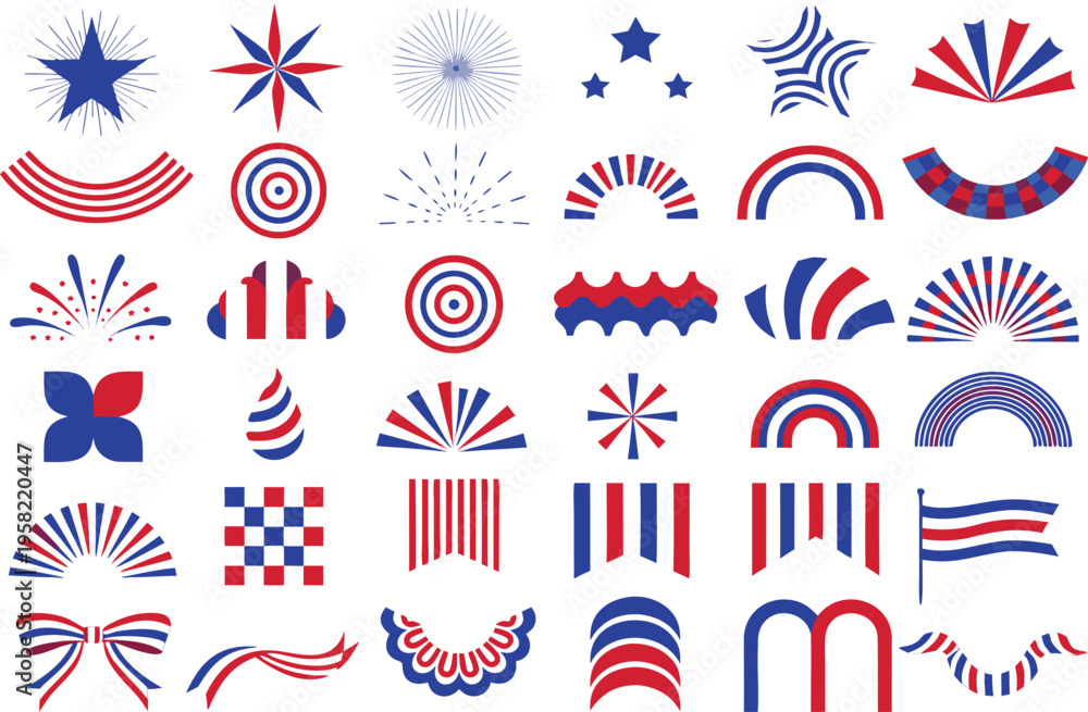 Fototapeta premium Collection of various patriotic american themed graphic design elements in red white and blue Vector