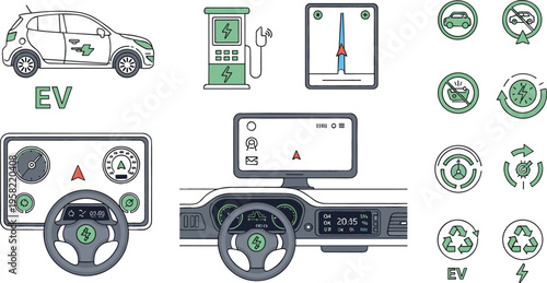 Electric vehicle dashboard and charging vector set with EV car battery icons navigation interface and eco mobility elements modern technology illustration