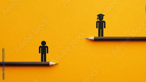 Education gap concept with graduate and unskilled person on separate levels, inequality in learning, career opportunities and social mobility symbol on yellow background