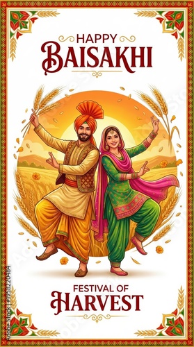 Festive Baisakhi harvest festival with a dancing Sikh couple in vibrant traditional Punjabi attire against a sunset and wheat field backdrop