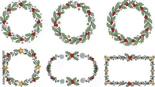 Hand drawn Christmas wreath vector set with holly leaves, berries, festive floral frames and decorative holiday borders for seasonal greeting design