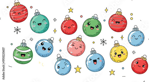 Cute Christmas ornament vector set with colorful cartoon baubles, smiling faces, festive decorations, snowflakes and holiday elements for seasonal design