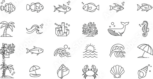 Marine life outline icon vector set with fish whale seahorse crab shells waves coral palm trees and beach elements minimal line illustration collection