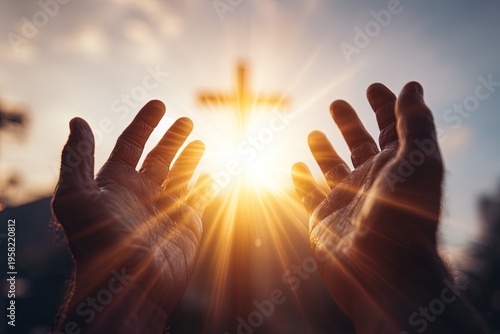 Hands reaching for the glowing cross surrounded by light rays. Ai Generative