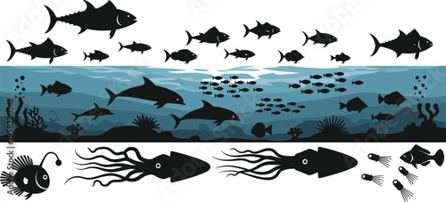 Underwater ocean silhouette vector scene with fish school sharks whales squid and marine life panoramic composition with deep sea background illustration