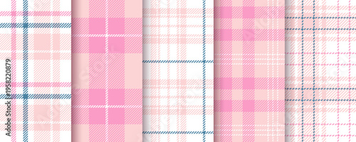 Cloth pink background. Checkered seamless pattern. Girly gingham prints. Shirt lumberjack textile. Set Vichy tablecloth textures. Picnic plaid backdrops. Tartan wrap wallpaper. Vector illustration.