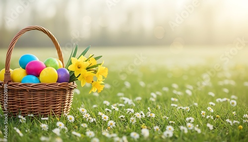 A wicker basket filled with painted easter eggs, grass and daffodils sat in a lush green spring meadow to celebrate a religious event, Easter, with a wide banner style display background. Easter / Spr
