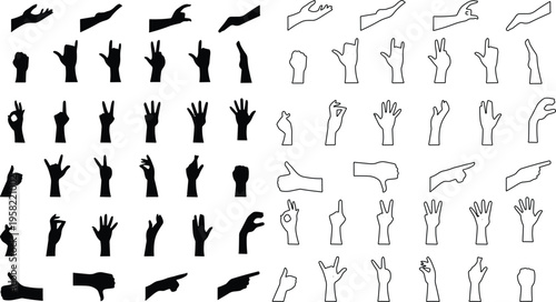 Hand gesture icon set. All type of hand emojis, gestures, stickers, emoticons vector illustration symbols. Hands, handshakes, muscle, finger, fist, direction, like, unlike, fingers collection