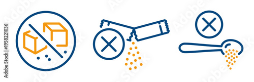 outline icons of no add sugar, sugar free icon set, diabetic product label, crossed out sugar crystals, food stamp or emblem, line symbol with editable stroke