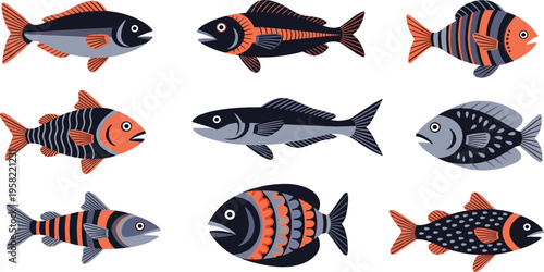 Stylized tropical fish vector set with bold patterns and geometric shapes colorful marine animals in modern decorative flat illustration collection