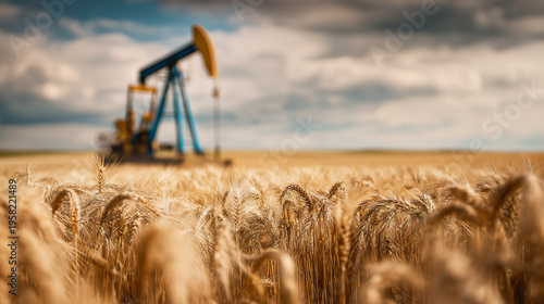 Pump jack drilling for crude oil in an agricultural field, representing conflict between food production and energy extraction, sustainability challenges, and resource management, copy space
