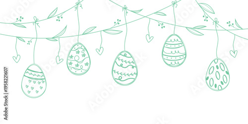 Decorative hanging easter eggs on leafy vines with spring patterns and floral elements isolated on white background