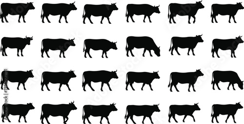 Cow silhouette icon collection, livestock animal vector set, farm cattle artwork design, grazing motion illustration graphic, flat vector illustration