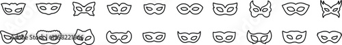 Set of line carnival masks silhouettes. Simple black icons of masquerade masks, for party, parade and carnival, for Mardi Gras and Halloween. Mask elements. Face mask
