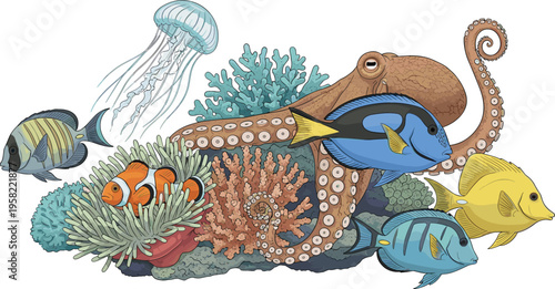 Colorful coral reef vector illustration with tropical fish octopus jellyfish and sea plants detailed underwater marine life composition design