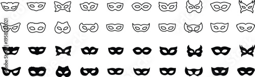Set of line and flat carnival masks silhouettes. Simple black icons of masquerade masks, for party, parade and carnival, for Mardi Gras and Halloween. Mask elements. Face mask