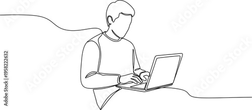 Continuous single line drawing of person working on laptop representing remote work freelance concept