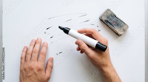 Overhead View of Hands Holding a Whiteboard Marker Over a Blank Surface