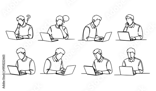 Male freelance remote worker continuous line art set man using laptop vector illustration