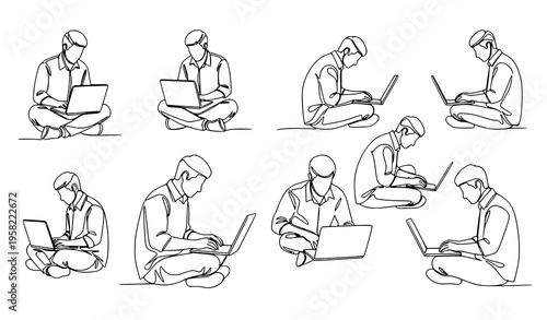 Continuous line drawing man working on laptop freelance remote character vector illustration set