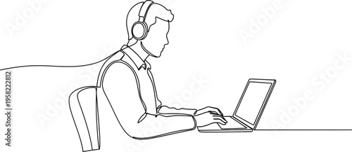 Continuous single line drawing of person working on laptop representing remote work freelance concept