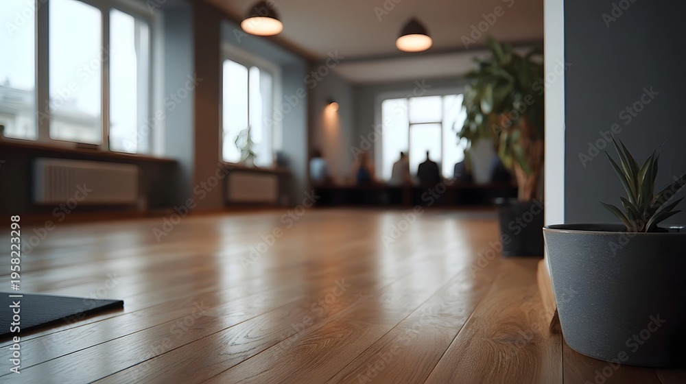 Fototapeta premium Spacious wooden floor studio with blurred figures and plants seen from a low angle