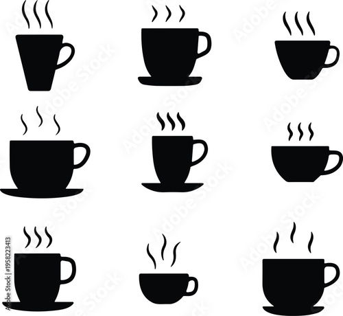 Coffee cup icon set. Cups of coffee tea collection. Hot drink icon. Disposable cup. Cup coffee with steam. Flat style stock vector.