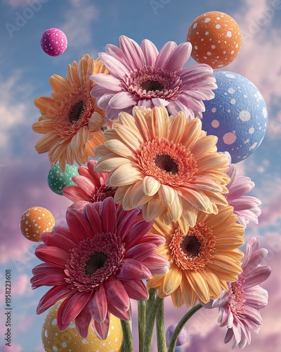 A surreal bouquet of daisies flowers in bold vibrant colors. Generative Ai