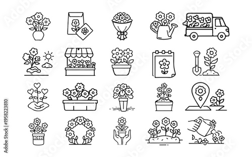 Flower Shop Line Icons Set, Floral Store, Bouquet, Gardening and Plant Outline Vector Collection Editable Stroke