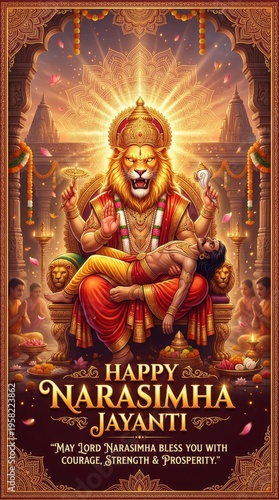 Dramatic Depiction of Narasimha Jayanti with the Lion- Man Deity Subduing Hiranyakashipu on a Grand Throne Surrounded by Devotees and Temple Decorations