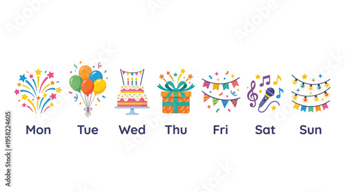 Illustrated weekly calendar displaying colorful icons for each day from Monday to Sunday, representing celebrations and events