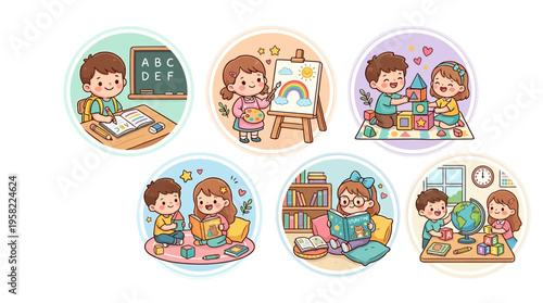 Cute illustrations of children engaged in various learning and creative activities like reading, painting, and building blocks