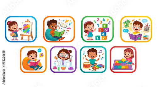 Diverse activities for children's education and development painting, reading, science, music, and learning with blocks