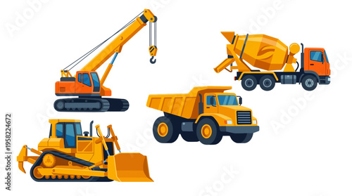 Collection of various construction vehicles including a bulldozer, crane, dump truck, and cement mixer, perfect for educational purposes and children's learning