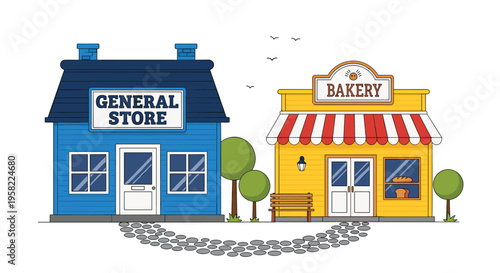 Two distinct cartoon buildings, a blue general store and a yellow bakery, stand connected by a cobblestone path with trees and flying birds.