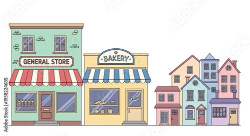 A row of five cartoon buildings, including a mint general store and a light yellow bakery, stands along a cobblestone path.