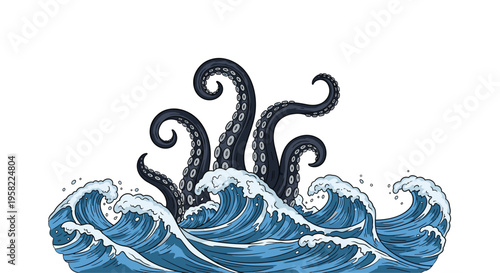 Several large dark blue octopus tentacles emerge dramatically from stylized frothy blue ocean waves.