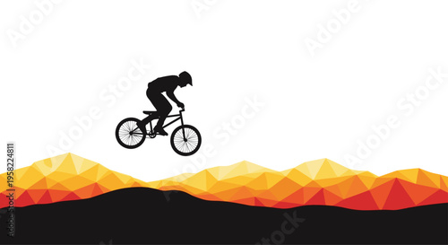 A black silhouette of a BMX rider jumps over a low-poly mountain range with an orange and yellow gradient.