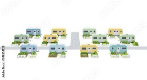 Colorful pastel-hued caravans are symmetrically arranged in rows along a grey road in a top-down park illustration.
