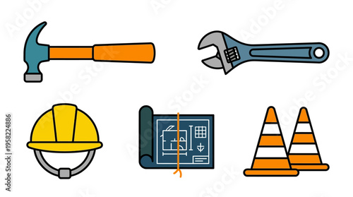 Collection of Construction and Home Improvement Tools, Safety Gear, and Building Plans