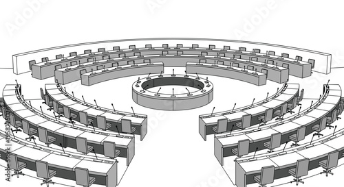 A monochrome line-art sketch illustrates an empty circular conference room with curved desks and a central table.